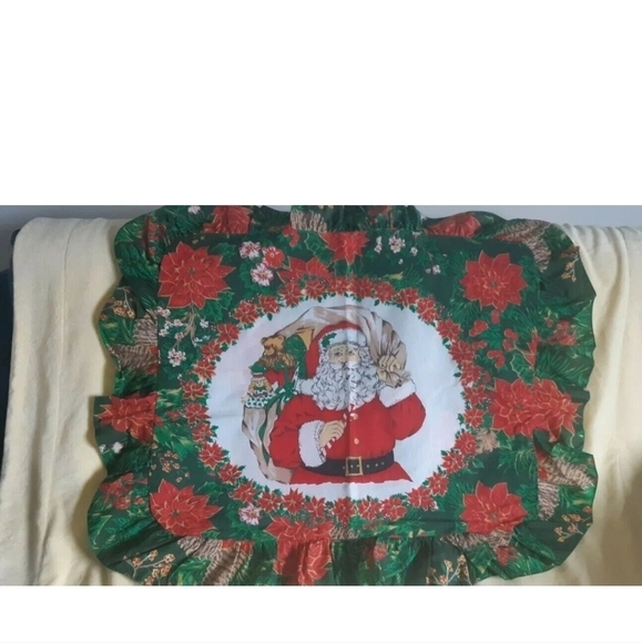 VTG SANTA CLAUS Christmas toy sack poinsettia ruffle pillow sham standard USA - Picture 7 of 8